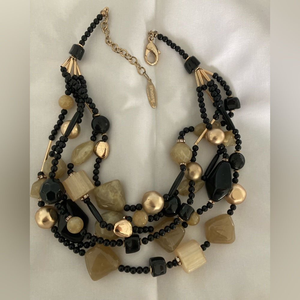 Chico’s Chunky Multi Strands Necklace with Cream & Black Beads
